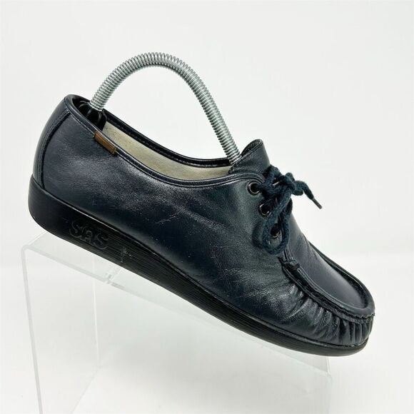 SAS Black Navy Blue Leather Lace-Up Moccasin Style Loafers Size 8.5 Casual - Picture 1 of 14